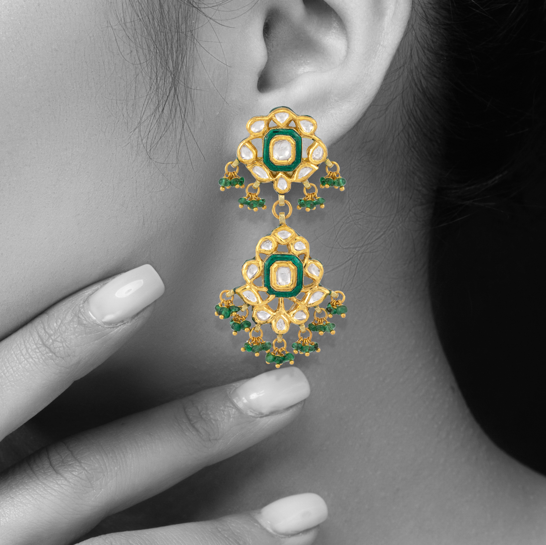 Double-Tier Polki Earrings with Green Meenakari